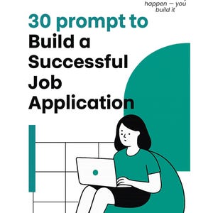 Op de afbeelding: Illustratie van een persoon die een laptop gebruikt, met de tekst "30 prompts om een succesvolle sollicitatie te bouwen". De afbeelding bevat de tekst "Je droomcarrière gebeurt niet zomaar - je bouwt hem."