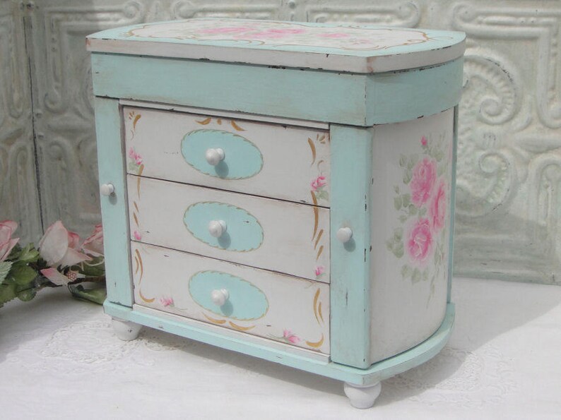Large Jewelry Box Organizer Pink Roses Hand Painted Distressed Etsy