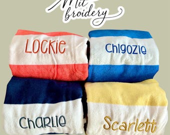 Personalized Embroidered Stripe Beach Towel: Custom Name Gift