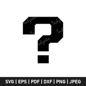 Puede incluir: Un audaz signo de interrogación negro con el texto "Techzaka" sutilmente incorporado. La imagen incluye opciones de formato de archivo: SVG, EPS, PDF, DXF, PNG y JPEG, adecuado para proyectos de diseño digital.