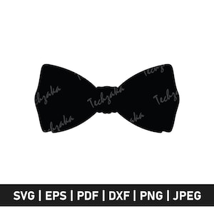 Peut inclure: Silhouette d'un nœud papillon noir avec le texte "Techzaka" répété sur la surface. L'image comprend également les options de format de fichier : SVG, EPS, PDF, DXF, PNG et JPEG.
