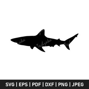 May include: A black silhouette of a shark on a white background. The shark is depicted in profile, showcasing its dorsal fin, pectoral fins, and tail. The image includes the text "Techzaka" and file type options: SVG | EPS | PDF | DXF | PNG | JPEG.