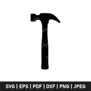 Puede incluir: Una silueta negra de un martillo, una herramienta común utilizada en la construcción y la carpintería. El martillo tiene una garra curva en un lado y una cara de golpe plana en el otro. El mango es largo y recto. La imagen está sobre un fondo blanco.