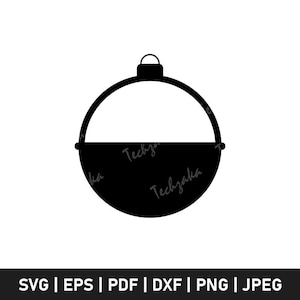 Könnte beinhalten: Schwarz-weiße Grafik einer Weihnachtskugel. Die Kugel ist in zwei Hälften geteilt, wobei die untere Hälfte schwarz und die obere Hälfte eine gebogene Linie ist. Das Wort "Techzaka" steht auf der schwarzen Hälfte. Der untere Teil des Bildes enthält den Text "SVG | EPS | PDF | DXF | PNG | JPEG".