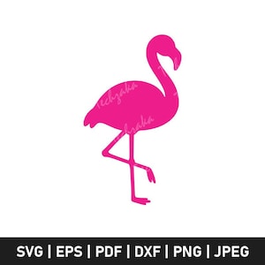 Puede incluir: Silueta de flamenco rosa brillante sobre fondo blanco. El flamenco se representa de perfil, de pie sobre una pata. La imagen incluye el texto "techzakia" y opciones de tipo de archivo como SVG, EPS, PDF, DXF, PNG y JPEG.