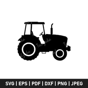 Op de afbeelding: Zwart silhouet van een tractor met grote achterbanden, een cabine en een schoorsteen. De afbeelding bevat de tekst "SVG | EPS | PDF | DXF | PNG | JPEG" onderaan, die bestandsformaten aangeeft.