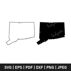 Peut inclure: Deux images en noir et blanc de l'État du Connecticut. L'une est un contour, l'autre est une forme noire pleine. Le texte "Techzaka" est écrit sur l'image noire. Le bas de l'image contient le texte "SVG | EPS | PDF | DXF | PNG | JPEG".