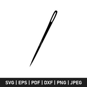 May include: A black needle with a large eye and a sharp point, set against a white background. The needle is a simple, minimalist design, ideal for sewing and crafting projects. The image also includes the file type options: SVG | EPS | PDF | DXF | PNG | JPEG.