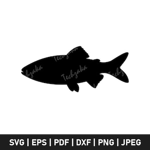 May include: A black silhouette of a fish, featuring a streamlined body, fins, and a forked tail. The image is set against a white background. The bottom of the image contains the text "SVG | EPS | PDF | DXF | PNG | JPEG".