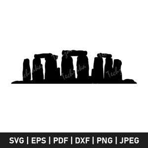 May include: A black silhouette of Stonehenge, a prehistoric monument. The image shows the stone circle against a white backdrop. The bottom of the image includes the text "SVG | EPS | PDF | DXF | PNG | JPEG".