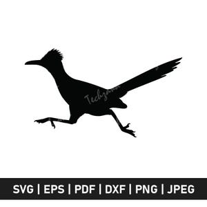 May include: A black silhouette of a roadrunner in mid-stride, with its long tail extended. The bird is depicted in a running pose against a white background. The image includes the text "SVG | EPS | PDF | DXF | PNG | JPEG".