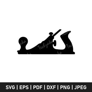 May include: Black silhouette of a hand plane, a woodworking tool, on a white background. The tool has a curved handle and a blade. The image includes the text "Techzaka" and file type options: SVG, EPS, PDF, DXF, PNG, and JPEG.