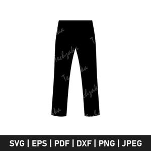 May include: A black pair of pants, rendered as a vector graphic. The image includes the text "Techzaka" in a stylized font on the pants. Below the pants are file format options: SVG, EPS, PDF, DXF, PNG, and JPEG.