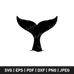 Puede incluir: Silueta negra de una cola de ballena sobre fondo blanco. La cola tiene dos lóbulos curvos y un tallo central. Debajo, opciones de formato de archivo: SVG, EPS, PDF, DXF, PNG y JPEG.