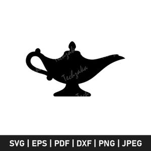 May include: Black silhouette of a genie lamp with a curved spout, handle, and a decorative top. The lamp is set against a white background. The text "Techzaka" is visible on the lamp. Below the lamp are file format options.