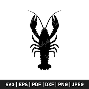May include: A black silhouette of a crawfish with detailed claws, antennae, and segmented body. The image is set against a white background. Below the crawfish are the file format options: SVG | EPS | PDF | DXF | PNG | JPEG.