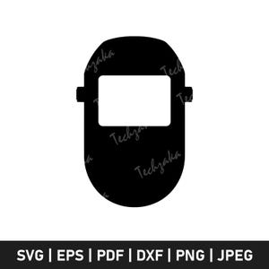 May include: Black welding mask silhouette with a rectangular viewing window. The text "Techzaka" is repeated diagonally across the mask. Below the mask are file format options: SVG, EPS, PDF, DXF, PNG, and JPEG.
