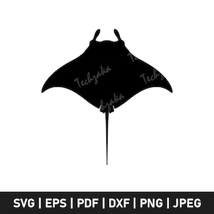 May include: A black silhouette of a manta ray with a long tail and wing-like fins. The image includes the text "Techzaka" in a script font. Below the image are the file format options: SVG | EPS | PDF | DXF | PNG | JPEG.