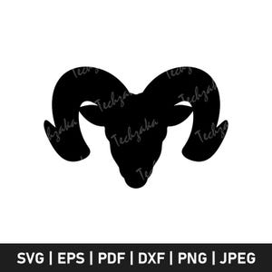 Puede incluir: Silueta negra de una cabeza de carnero con cuernos grandes y curvos. La imagen incluye el texto "Techzaka" repetido en los cuernos y la cabeza. Debajo del gráfico del carnero están las abreviaturas de formato de archivo: SVG, EPS, PDF, DXF, PNG y JPEG.