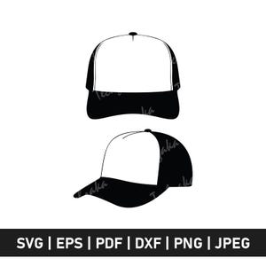 May include: Two black and white trucker hats are shown in a vector illustration. The hats have a white front panel and a black brim and mesh back. The bottom of the image contains the text "SVG | EPS | PDF | DXF | PNG | JPEG".
