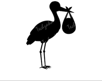Stork with Baby Svg, Baby and Stork Silhouette, Stork with Baby Shower Cut File, Baby with Stork Clipart, Cricut & Sublimation Design