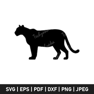 May include: A black silhouette of a panther in a side profile, with its head turned slightly to the left. The image includes the text "Techzakasaka" and file type options: SVG | EPS | PDF | DXF | PNG | JPEG.
