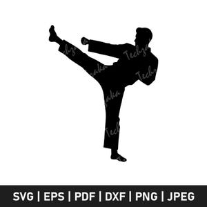 May include: A black silhouette of a person performing a martial arts kick. The figure is wearing a uniform and is mid-kick, with one leg extended and the other bent. The image includes file format options: SVG, EPS, PDF, DXF, PNG, and JPEG.