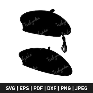 May include: Two black berets, one with a tassel, are displayed against a white background. The image includes the text "Techzaka" repeated multiple times and file format options: SVG, EPS, PDF, DXF, PNG, and JPEG.