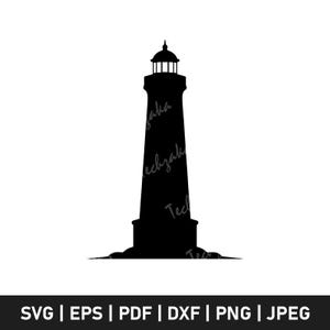 Puede incluir: Silueta negra de un faro, con una torre alta y cilíndrica y una linterna en la parte superior. El faro se encuentra sobre una base rocosa. La imagen incluye el texto "SVG | EPS | PDF | DXF | PNG | JPEG".