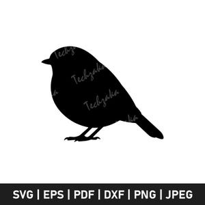 May include: A black silhouette of a bird with a rounded body, perched on a white background. The bird's beak and tail are visible. The image includes the text "Techzaka" and file type options: SVG, EPS, PDF, DXF, PNG, and JPEG.