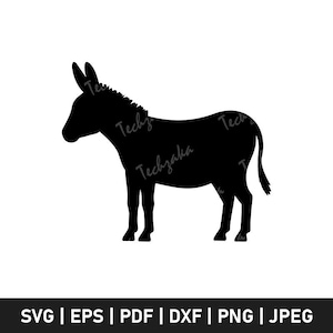 May include: A black silhouette of a donkey standing on all fours, facing left. The donkey has long ears and a short tail. The image is a vector graphic, with file format options listed below the donkey.