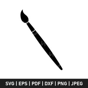 May include: A black paintbrush silhouette on a white background. The brush is angled diagonally, with a rounded bristle end and a long handle. The image includes the text "SVG | EPS | PDF | DXF | PNG | JPEG" at the bottom.