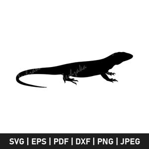 May include: A black silhouette of a lizard, possibly a monitor lizard, on a white background. The lizard is shown in profile, with its long body, tail, and legs. The image is a vector graphic, suitable for digital use. The image also includes file type information.