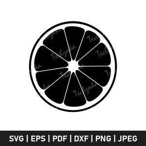 Puede incluir: Gráfico en blanco y negro de una rodaja de cítrico, con secciones segmentadas. La imagen incluye el texto "Techzaka" y las abreviaturas de tipo de archivo: SVG, EPS, PDF, DXF, PNG y JPEG.