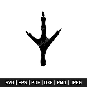 May include: A black silhouette of a bird's footprint, featuring three toes and a single back toe. The image is set against a white background. The bottom of the image contains file type options: SVG | EPS | PDF | DXF | PNG | JPEG.