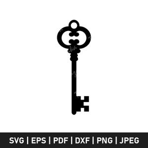 May include: Black silhouette of a vintage key against a white background. The key has an ornate head with a circular loop and a long, straight stem ending in a rectangular bit. The bottom of the image contains the text: SVG | EPS | PDF | DXF | PNG | JPEG.