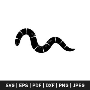 Könnte beinhalten: Illustration eines schwarzen Wurms mit segmentiertem Körper und gebogener Form, vor weißem Hintergrund. Der Wurm hat ein glattes, festes Aussehen. Das Bild enthält den Text "SVG | EPS | PDF | DXF | PNG | JPEG".