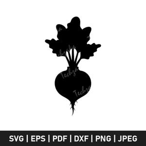 Puede incluir: Silueta negra de una remolacha con hojas verdes. La imagen es un gráfico vectorial, adecuado para diversas aplicaciones digitales. La parte inferior de la imagen muestra opciones de formato de archivo: SVG, EPS, PDF, DXF, PNG y JPEG.