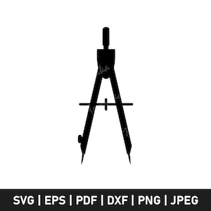 May include: A black silhouette of a compass, a tool used for drawing circles and arcs. The compass has two legs connected at the top with a handle and a screw to adjust the width. The image is on a white background.
