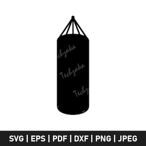 Könnte beinhalten: Schwarze Boxsack-Silhouette mit dreieckiger Oberseite und dem Text "Techzaka", der sich an der Seite wiederholt. Der untere Teil des Bildes enthält den Text "SVG | EPS | PDF | DXF | PNG | JPEG".