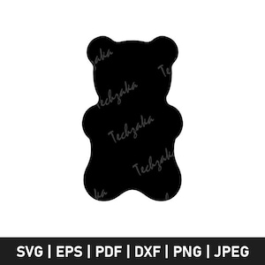 May include: A black silhouette of a gummy bear shape. The image includes the text "Techzaka" repeated multiple times across the bear shape. Below the bear, the image includes the text "SVG | EPS | PDF | DXF | PNG | JPEG".