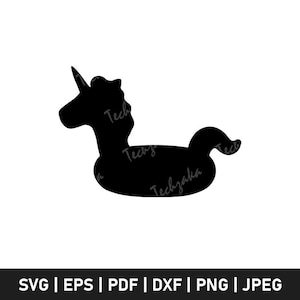 Könnte beinhalten: Schwarze Silhouette eines Einhorn-Schwimmreifens. Das Bild enthält den Text "Techzaka" und Dateitypoptionen: SVG, EPS, PDF, DXF, PNG und JPEG.