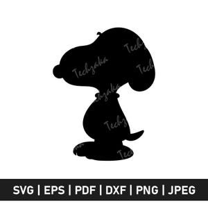May include: A solid black silhouette of a cartoon dog in profile, featuring a large rounded head, floppy ear, and small tail. The word Techzaka is repeated across the figure as a watermark. The text SVG, EPS, PDF, DXF, PNG, JPEG appears below.