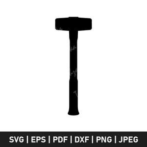 Puede incluir: Silueta negra de un mazo, una herramienta resistente con una gran cabeza rectangular y un mango largo. La imagen está sobre un fondo blanco. La parte inferior de la imagen contiene el texto "SVG | EPS | PDF | DXF | PNG | JPEG".
