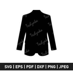 May include: A black silhouette of a blazer with long sleeves. The image includes the text "Techzaka" repeated across the blazer and the file type options: SVG, EPS, PDF, DXF, PNG, and JPEG.