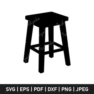May include: A black silhouette of a wooden stool with a square seat and four legs. The stool has a simple, minimalist design. The bottom of the image contains the text "SVG | EPS | PDF | DXF | PNG | JPEG".