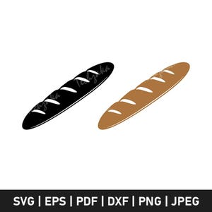 May include: Two baguette illustrations. One is black, the other is brown. Both have white curved lines across the top. The image is on a white background. The bottom of the image has the text: SVG | EPS | PDF | DXF | PNG | JPEG.