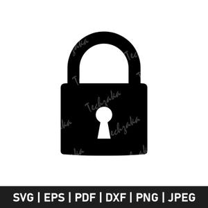 May include: A black padlock silhouette with a white keyhole and a curved handle. The image includes the text "Techzaka" and file type options: SVG, EPS, PDF, DXF, PNG, and JPEG.