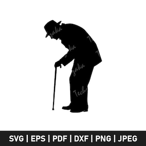 May include: Black silhouette of a person in a hat and suit, leaning on a walking stick. The image is a vector graphic, available in SVG, EPS, PDF, DXF, PNG, and JPEG formats.