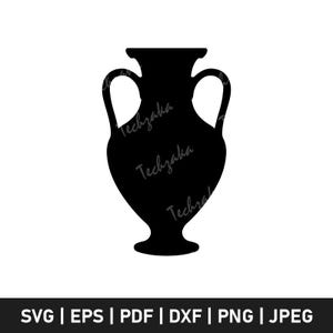 May include: A black silhouette of an amphora, a classic two-handled vase. The image includes the text "Techzaka" repeated diagonally across the vase. Below the vase are the file type formats: SVG | EPS | PDF | DXF | PNG | JPEG.